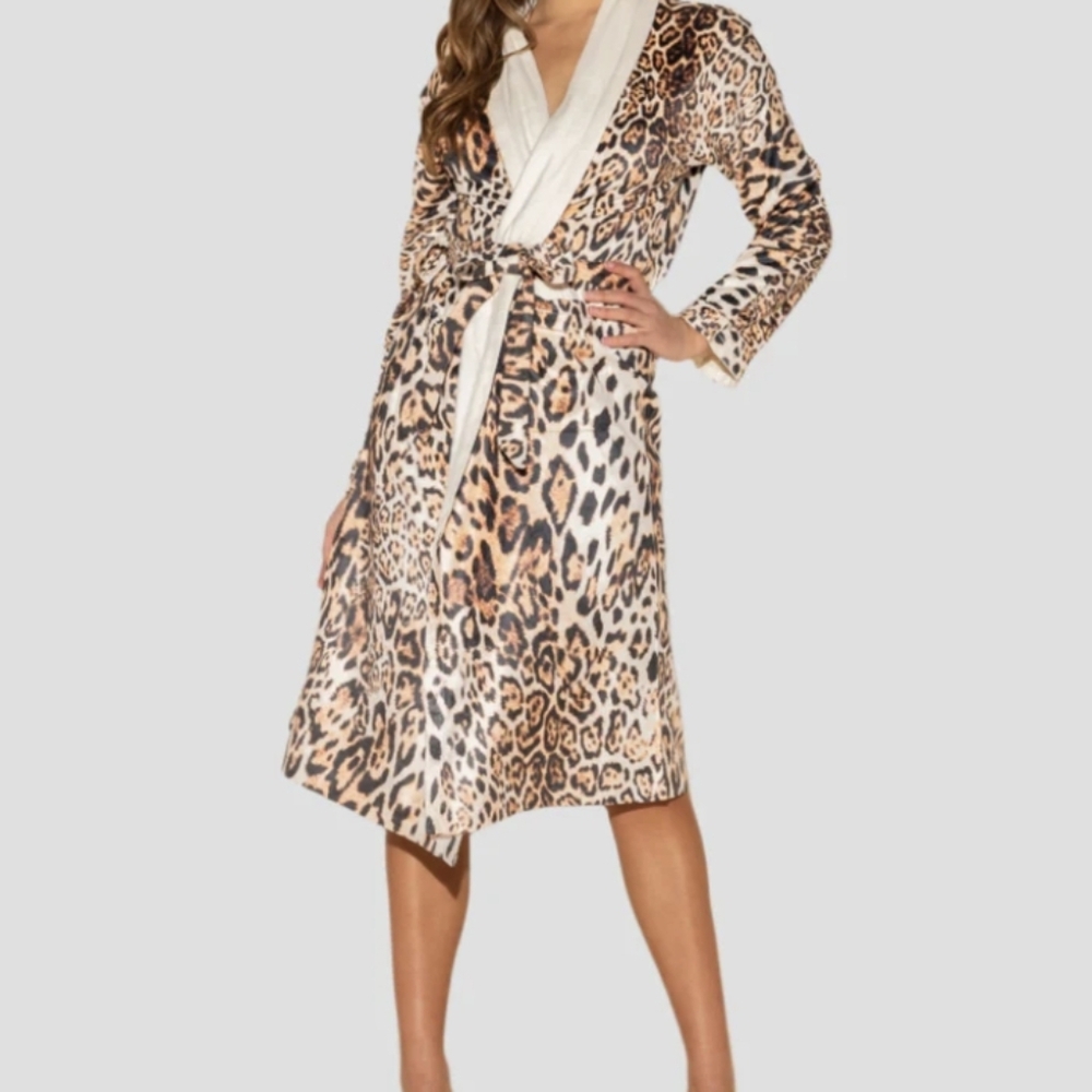 Donetella Long Leopard Print Robe with Tie Waist